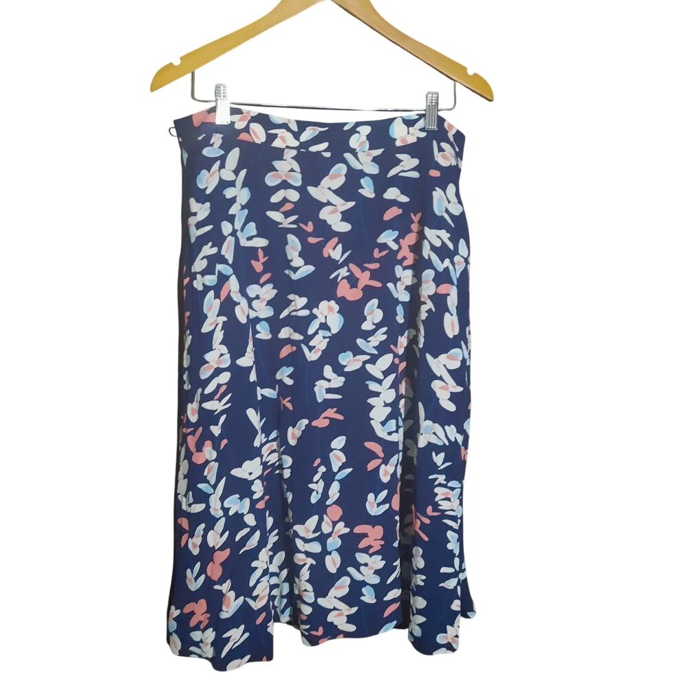 Talbots Womens Leafy Floral Abstract Print on Navy Background Midi Skirt Size L